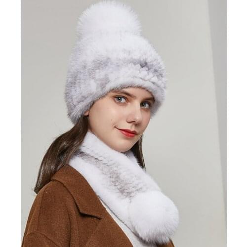 Womens natural mink hat fox pompom and knitted scarf fashion ear protection warm girl real fur winter hat knitDY-03