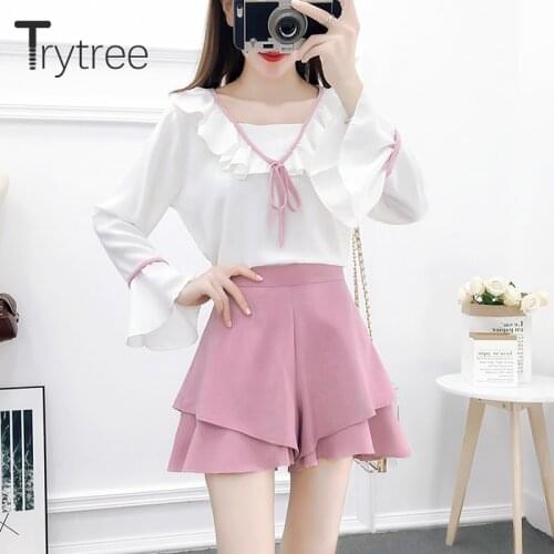 Trytree Spring Autumn Women Two Piece Set Casual Square Collar Ruffles Flare Sleeve Tops + Short Fashion Wide leg 2 Piece Set