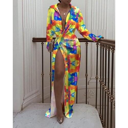 Sexy Hem Split Maxi Dresses Womens Geometry Print Streetwear Bandage Turn-down Collar Dresses Long Sleeve Hollow Out Long Dress