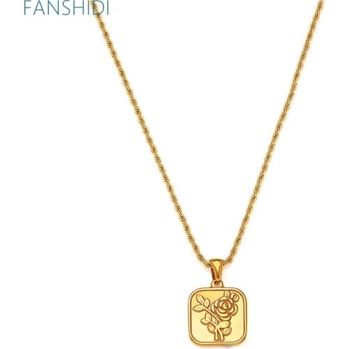 FANSHIDI Square Rose Flower Charm Necklace For Women t Vintage Pendant Rolo Chains Necklace Statement Jewelry