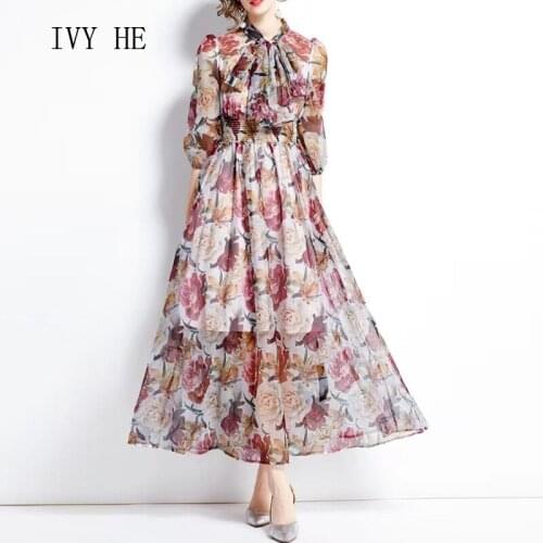 IVY HE High Quality Summer Dress Woman Clothing Smooth Chiffon Flower Printing Midi Long Dress Traf ZAfu Vintage Party Dresses
