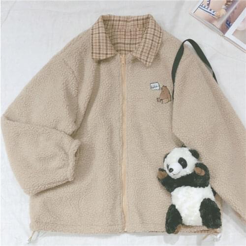 HOUZHOU Winter Korean Style Jacket Double-Sided Wear Harajuku Cute Bear Oversized Lamb Wool Coat Women Thick Kawaii Plaid Tops