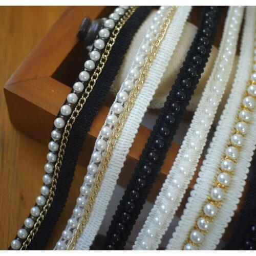 1Meter white/black Pearl Beaded Lace Trim Tape Fabric Lace Ribbon Collar Dress Shirt Sewing Supplies Garment Headdress materials