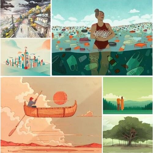 Ocean Pollution Boat Tree 5D Diy Full Square and Round Diamond Painting Embroidery Cross Stitch Kit Wall Art Club Home Decor