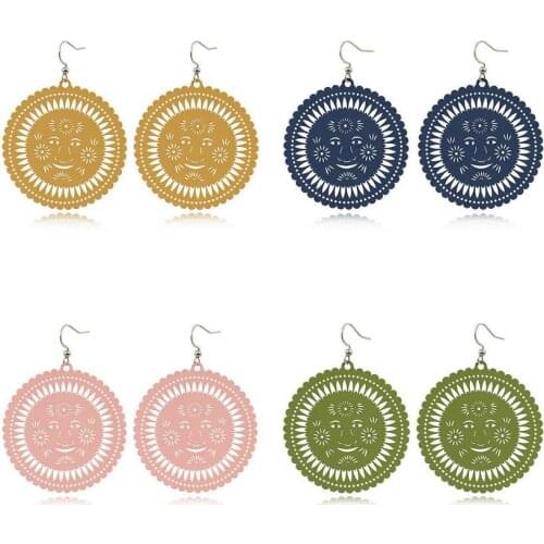 Free Shipping Thin Colored Metal Cutout Sun Face Earrings for Women 2021 Fashion Large Round Slice Earrings Jewelry Wholesale