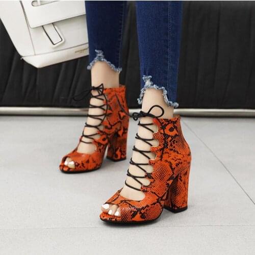 Women Summer Ankle Boots Snake Skin Pattern Sandals High Heels Open Toe Chunky High Heels Gladiator Sandals Fashion Party Shoes