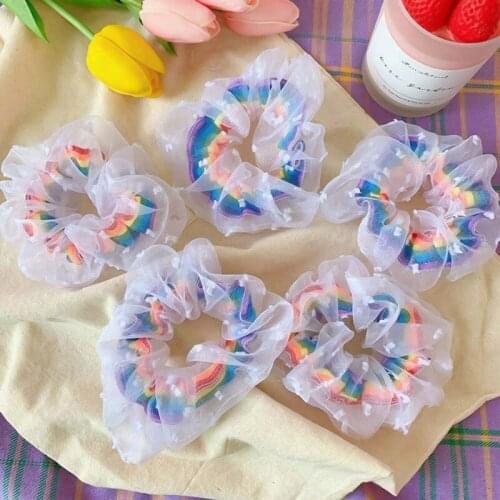 Elastic Mesh Scrunchie Rubber Band Girls Lace Rainbow Dot Ponytail Holder Hair Ring Rope Organza Hair Accessories