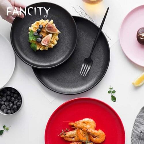 FANCITY Steak meal plate round dish plate household Nordic net red tableware black creative ceramic plate frosted Japanese west