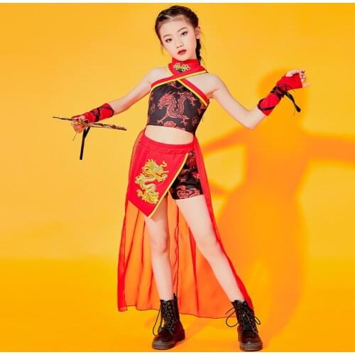 Chinese Style Jazz Dance Costume Girls Catwalk Hip Hop Wear Navel Tops Red Festival Outfit Childrens Day Show Costume DNV14772