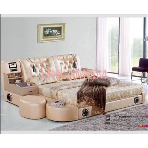 Real Genuine leather bed TV Soft Beds Bedroom camas lit muebles de dormitorio yatak mobilya quarto massage speaker bluetooth