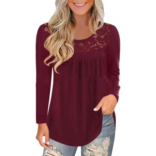 2021 Hot Sales Womens Tops Fashion Lace Solid Splicing O-Neck Hollow Out Long Sleeve Shirts Comfortable Colthing For Females