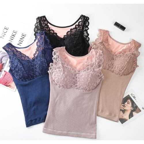Linbaiway 2021 Autumn Winter Warm Velvet Vest for Women Lace Plus Size Sleeveless Camis Tops Female Thermal Underwear Tanks Tees