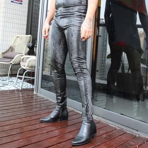 Men Snake Skin Texture PU Leather Pencil Pants Lining Fleeces Skinny Leisure Pant Velvet Legging Warm Motorcycle Punk Trousers