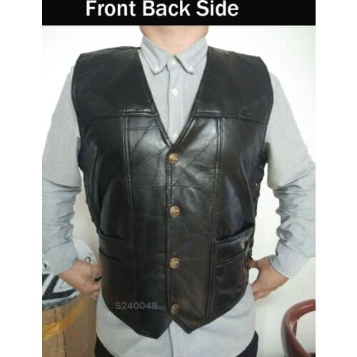 Full Black Moto Vest Mens Motorcycle Jacket Biker Genuine Leather Sheepskin Waistcoat Jacket Motorcycle Chaqueta Moto Veste