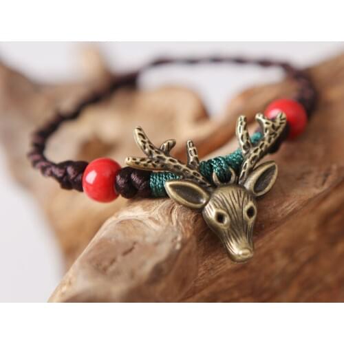 Ceramic Beads Charm Bracelet Vintage Elk Pendant Bracelets Men Chinese Style Handmade Braided Rope Chain Bangle Jewelry Gifts