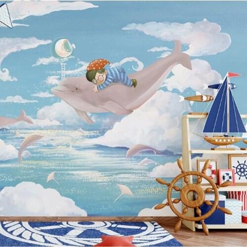 Custom 3D Canvas Mural Creative Simple Cute Cartoon Ocean Children Dolphin Theme Business Home Background Wallpaper