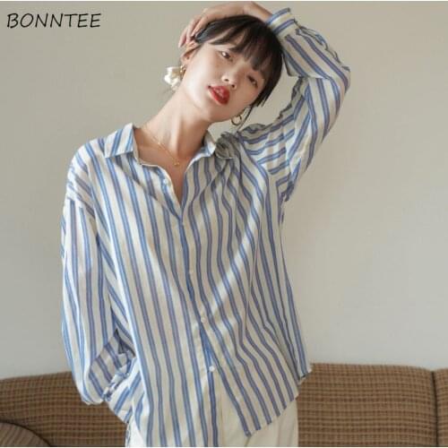 Shirts Women Korean Style Vintage Striped Autumn 90s New Long Sleeve Fashion Office Lady Loose Design Casual Stylish Aesthetic