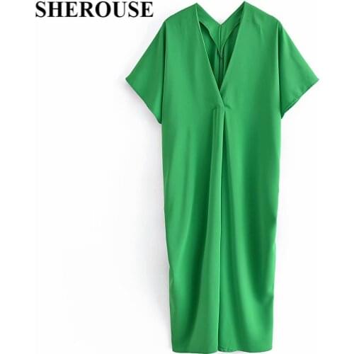 SHEROUSE 2021 Vintage Women Satin Dress Fashion Short Sleeves V-neck Chic Lady Woman Retro Loose Midi Long Dresses Robe