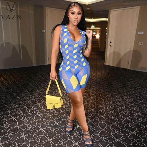 VAZN 2021 New Sleeveless Deep V-neck Playsuits Print Young Sexy Soft Fancy High Street High Waist Women Playsuits