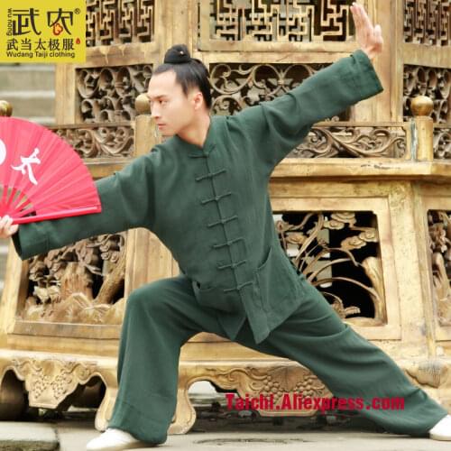 Wudang male Handmade Linen Tai Chi Uniform Wushu Kung Fu Shaolin Training Suit Chinese Stly jacket+pants