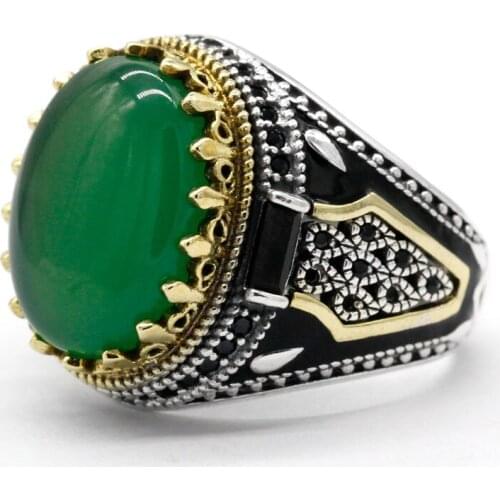 Green Agate Stone Men Ring Pure 925 Sterling Silver Golden Crown King Male Enamel Ring Vintage Turkish Handmade Jewelry Gift