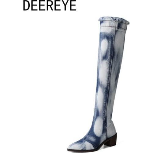 New Arrival Women Denim Jeans Over The Knee Thigh Boots Pointed Toe Square High Heel 4CM Chelsea Side Zipper Shoes Footwear