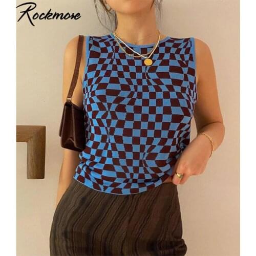 Rockmore Plaid Printed Sleeveless Crop Top Women Fashion Knitwear Casual Tank Tops Party O Neck Vest Harajuku Summer Clothes New