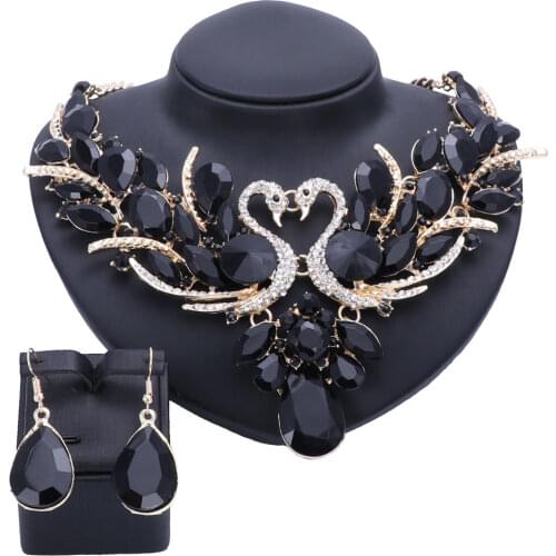 Fashion Crystal Bridal Jewelry Sets Double Swan Gold Color Women Gift Party Wedding Prom Necklace Earring Accessories Sets