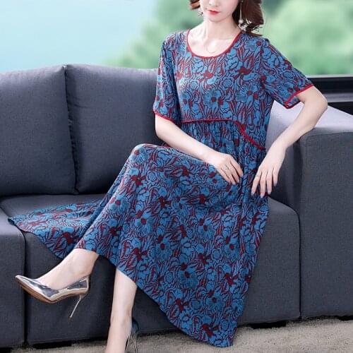 2021 Casual Loose 5XL Plus Size Beach Midi Dress Summer Vintage Floral Mulberry Silk Dress Women Elegant Bodycon Party Vestidos