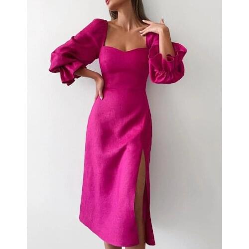 Women Dress Square Collar Solid Color Bubble Horn Long-Sleeved Mid-Length High-Waist Split Sexy Dress Spring And Autumn