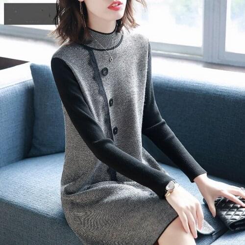 French Retro Knitted Dress Womens Autumn Clothing 2020 New Lace Stitching Long-sleeved Mid-length Dress Sweater Pullover y228