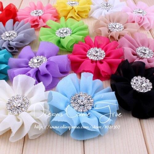 200pcs/lot 6.5CM 15Colors Fashion Chic Chiffon Flower For Girl Accessories Artificial Fabric Flower With Bling Alloy Rhinestone