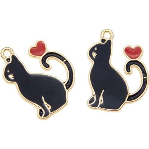 Julie Wang 6PCS Enamel Black Cat Charms Alloy Gold Tone Heart Animal Pet Pendant Bracelet Jewelry Making Accessory
