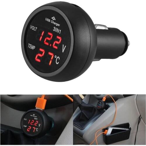 3 in 1 12/24V Car Auto LED Digital Voltmeter Gauge+Thermometer+USB Charger Monitor Display Charging For Phone Tablet GPS
