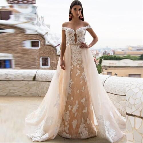 Off The Shoulder Light Champagne Tulle And White Lace Sheath Wedding Dress With Detachable Long Skirt Bridal Gown vestido casame