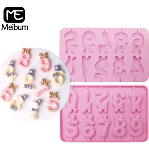 Meibum Lollipop Mold Sticks Pink 0-9 Number Chocolate Candy Silicone Mould 2 Styles Cake Topper Birthday Decorating Baking Tools