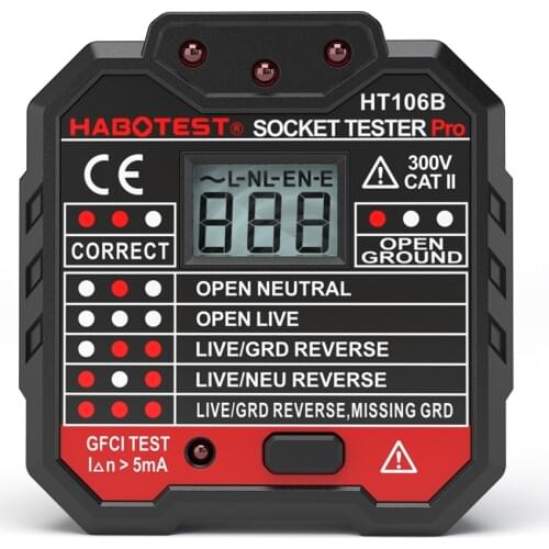 HABOTEST HT106 EU/US/UK Plug Electric Socket Tester Neutral Earth Wire Circuit Polarity Wall Plug Breaker Electric Leakage Test