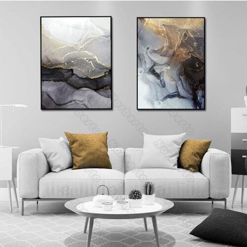 Nordic Style Canvas Painting Wall Poster Grey and Golden Art Abstract Fluid Marble Rextures for Home Rooms Wall Decoration