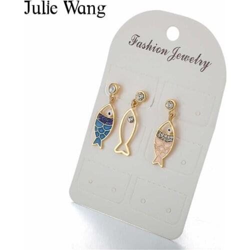 Julie Wang 3PCS/Set Bohemia Enamel Sea Fish Stud Earrings Rhinestone Fashion Summer Cute Women Ladies Girl Earrings Jewelry
