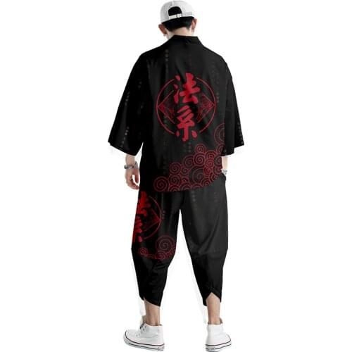 Chinese Style Printed Black Kimono Cardigan Men Japanese Traditional Casual Loose Thin Set Coat Pants Asian Clothes Harajuku