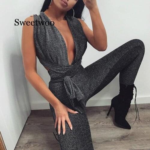 Grey Deep V-Neck Sexy Sparkle Jumpsuit Women Bodycon Bandage Glitter Backless Party Rompers Sleeveless Club Jumpsuit