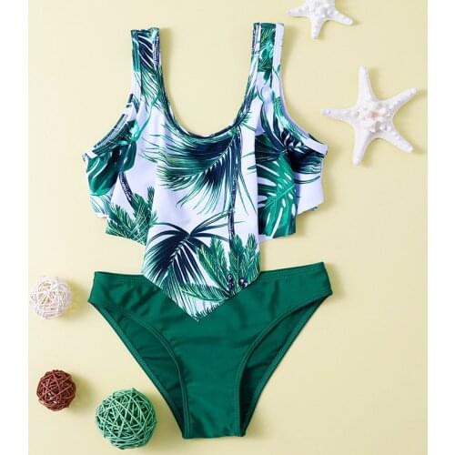 7~14Y Girl Swimsuit Ruffle style Girls Swimwear One piece Children Swimwear Kids Swimwear Leaf print Girls Tankini Beachwear