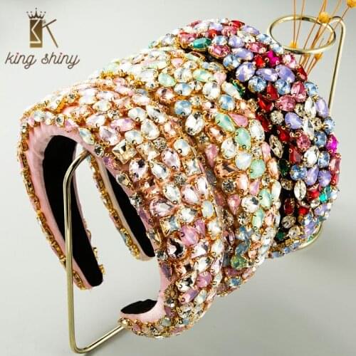 Exaggerated Baroque Full Crystal Headband for Woman Luxury Colorful Diamante Padded Sponge Hairband Woman Rinestone Tiara Bezel