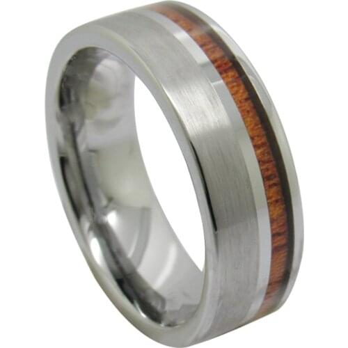 New Arrival Minimalist Unisex Tungsten Rings for Party 8mm Width Matte Finished Flat Top with a Piece of Koa Wood US size 6-13