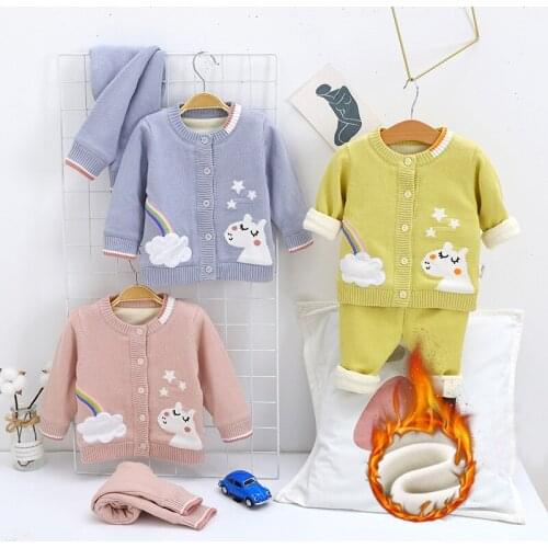 New Winter Knitting Baby Sets 2pcs Lovely Cartoon Cardigan Warm Tops+Pants Cotton Padded Thick Infant Boys Girls Sweater Suits