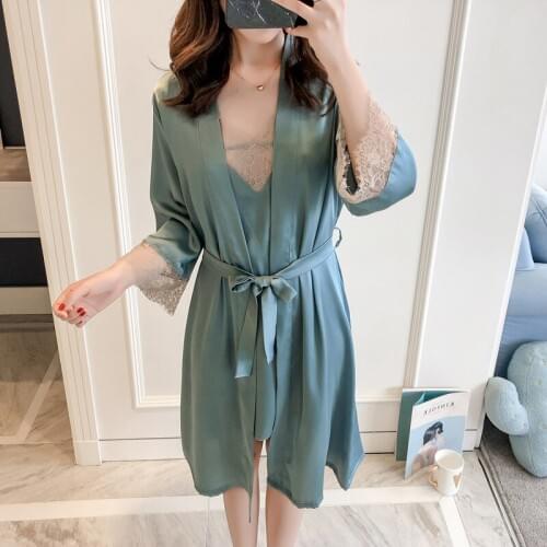 Sexy Lace Trim Home Dress Kimono Bathrobe Robe Set Sleep Gowns Fashion Satin Nightgown Nightwear New Arrival V-Neck Sleepwear