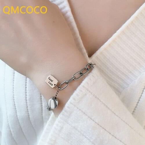 QMCOCO 925 Silver Charm Chain Bracelets For Women Simple Trendy Good Luck English Letter Pendant Punk Rock Hip-Hop Party Jewelry