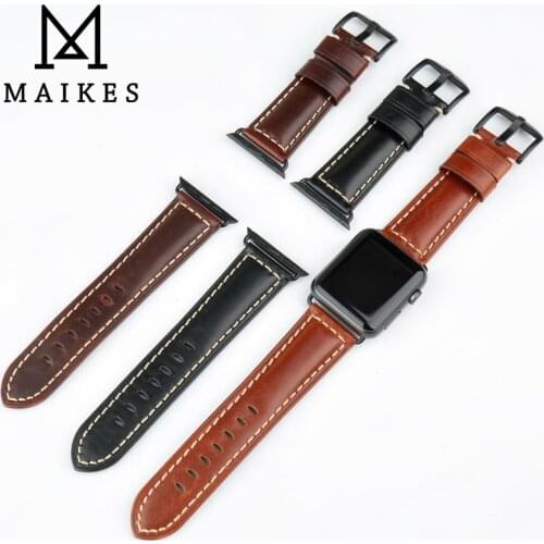 MAIKES 3 Colors Quality Cow Leather Strap Watch Band For Apple Watch 44mm 40mm 42mm 38mm Series SE 6 5 4 3 2 iWatch Bracelet
