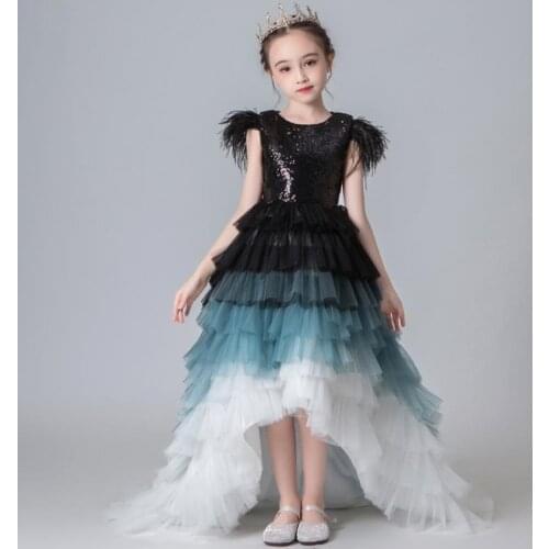 Luxury Sequined Mesh Stitching Trailing Evening Gown Kids Catwalk Weeding Birthday Princess Dresses For Girl Vestidos L1132