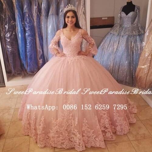2020 Pink Lace Quinceanera Dresses With Appliques Bishop Long Sleeves Ball Gown Sweet 16 Dress Pageant Vestidos De 15 Anos